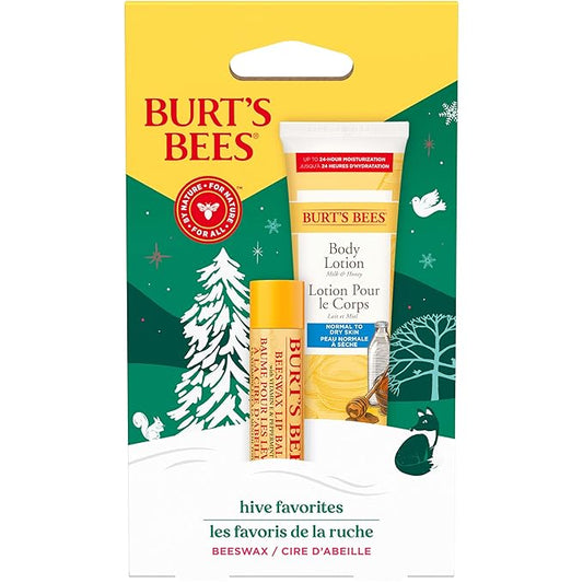 Burt's Bees Hive Favorites Beeswax Holiday Gift Set, Beeswax Lip Balm and Travel Size Body Lotion with Milk and Honey-BrightBean Baby