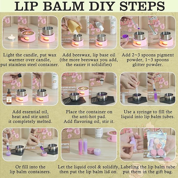 Lip Balm Making Kit - DIY Lip Gloss Kit to Make Your Own Lip Balm with Natural Beeswax, Lip Base Oil, Essential Oil, Tubes, Jars Lip Balm Craft Kit For Adults Girls Moisturizing Lip Care Kit-BrightBean Baby