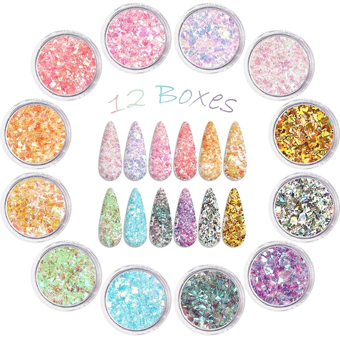 Allstarry 12 Colors Mermaid Nail Chunky Glitter Ultra-Thin Fluorescent Glass Paper Irregular Iridescent Sequin Flakes Glitters Sticker for Nails Art Decoration Hair Eyes Face Body DIY Craft-BrightBean Baby