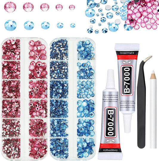 Rhinestones for Bedazzling with B7000 Glue, Pink Light Blue 2mm 3mm 4mm 5mm 6mm (SS8-SS30) Non-Hotfix Flatback Diamonds Kit, Baby Blue Nail Crystals Gems Beads for Bedazzle Crafting, DIY Nail Art-BrightBean Baby