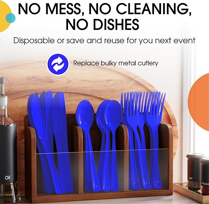 Party Solids Dark Blue Plastic Silverware Heavy Duty 300 Pcs Dark Blue Plastic Cutlery Sets, Utensil Sets, 100 Of Each Forks, Knives & Spoons Disposable Cutlery Set, Flatware Set For Party Supplies