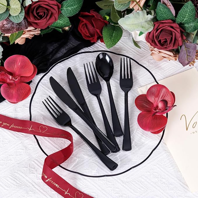 Supernal 300 Pieces Black Plastic Silverware Disposable Cutlery Black Disposable Silverware Heavy Duty Plastic Cutlery Set 100 Forks 100 Knives 100 Spoons for Wedding Party Supplies Everyday Use