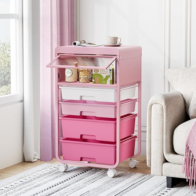 Utility-Rolling-Storage-Drawer-Craft-Cart-Organizers with 4 Drawers & Dust-Proof Door for Kid Craft Art Room,Bedroom,Home Office, Classroom, Rose Pink-BrightBean Baby