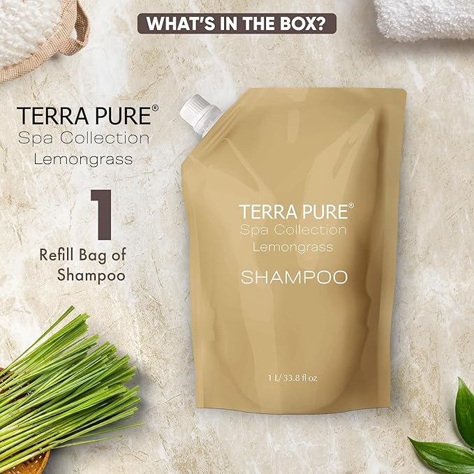 Terra Pure Spa Collection 1 Liter Shampoo Refill Bag For Soap Dispensers | Bulk Toiletries for Vacation Rentals, and Home Bathroom Showers | Green Tea Lemongrass | Single-BrightBean Baby