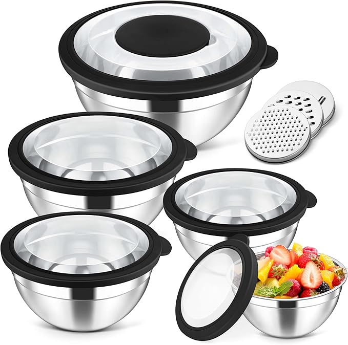 Herogo 5-Piece Mixing Bowls with Visible Lids, 3 Grater Attachments, Stainless Steel Salad Serving Bowls for Kitchen, 4.6/3.5/2.5/2/1.5 QT Ideal for Prepping & Cooking, Black