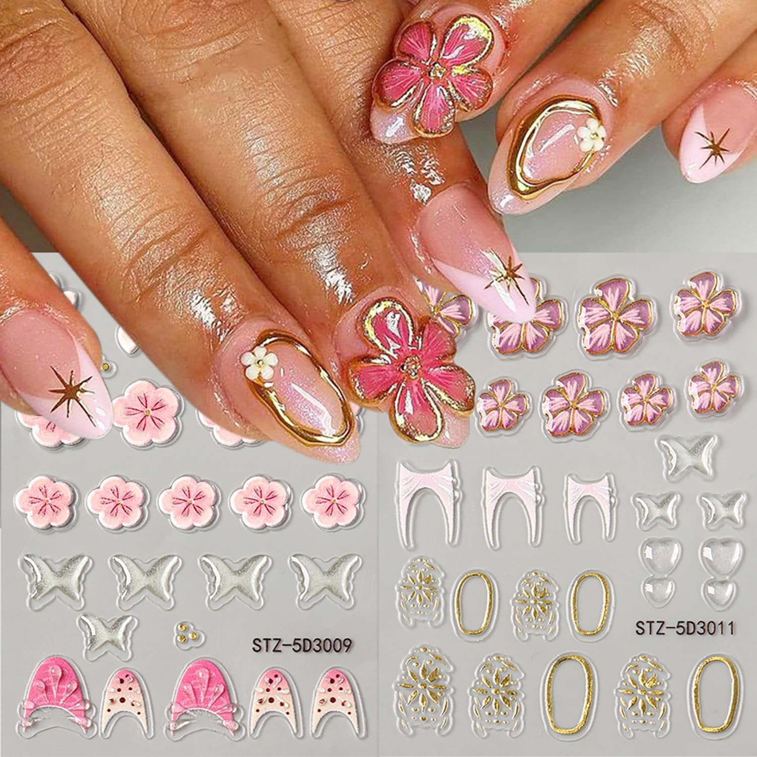 6 Sheets Flower Nail Art Stickers 5D Self-Adhesive Nails Sticker Floral Butterfly Nail Art Decals Holographic Decal Decoration for Women Golden Bow Manicure Stickers DIY Nail Sticker Supplies-BrightBean Baby