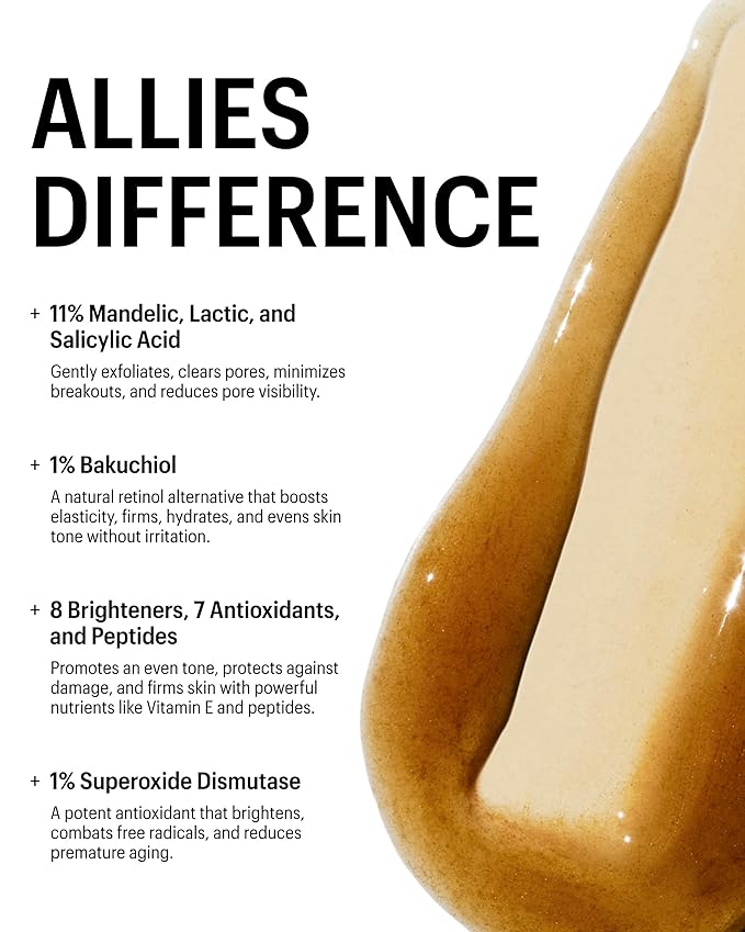 Allies of Skin Mandelic Pigmentation Corrector Night Serum | Gentle Acne Face Serum with Bakuchiol, Niacinamide & Salicylic Acid | Anti-Aging Formula to Reduce Pores and Even Skin Tone (1 oz)-BrightBean Baby