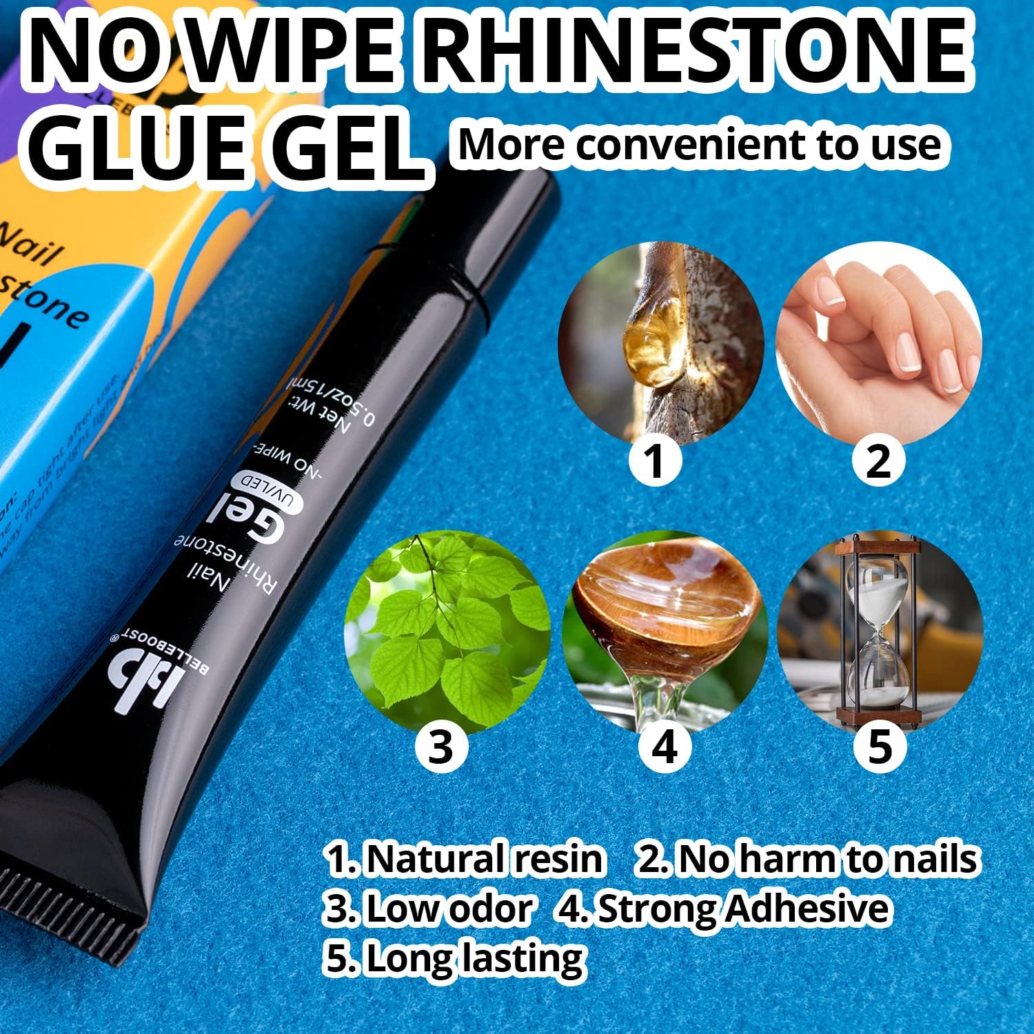 Nail Art Rhinestone Glue Gel&Flatback Gems Accessories Kit, 1 Tube of 15ml Rhinestone Gel Glue(UV/LED Needed)+1 Box of Flat-Back Half Round White Pearls with Pickup Pencil and Tweezer-BrightBean Baby