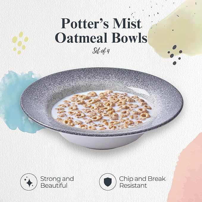 Portmeirion Potter's Mist Oatmeal Bowl (Set of 4) - Ideal for Porridge, Soup, Desserts - Microwave & Dishwasher Safe Earthenware Bowls, Durable Dishware Collection - Made in UK (Grey Mist)
