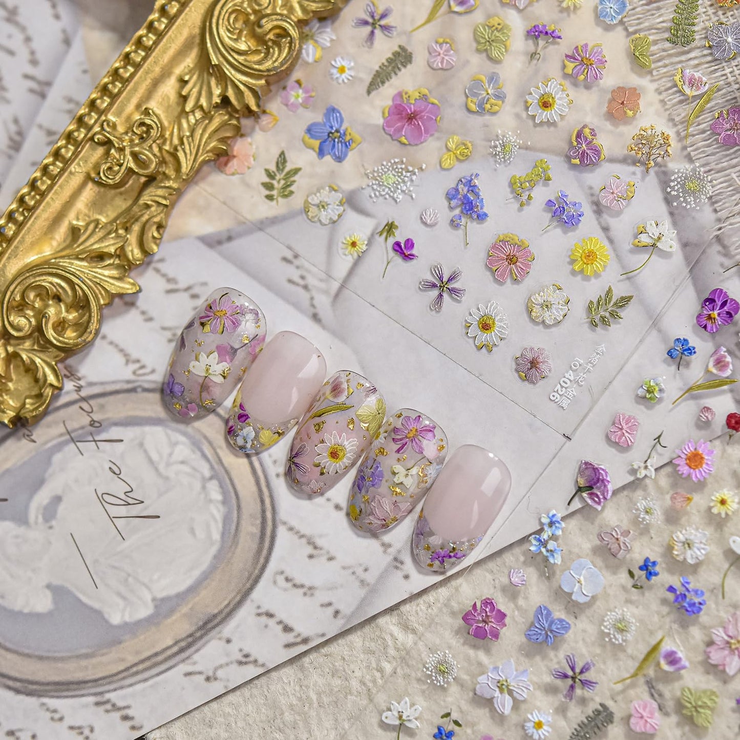 Flowers Nail Art Stickers Colorful Dried Flower Nail Decals 3D Self Adhesive Gold Foil Designs Spring Summer Nail Sticker Daisy Nail Stickers Cute Floral Nail Decal for DIY Nail Art Nails Decor Women-BrightBean Baby