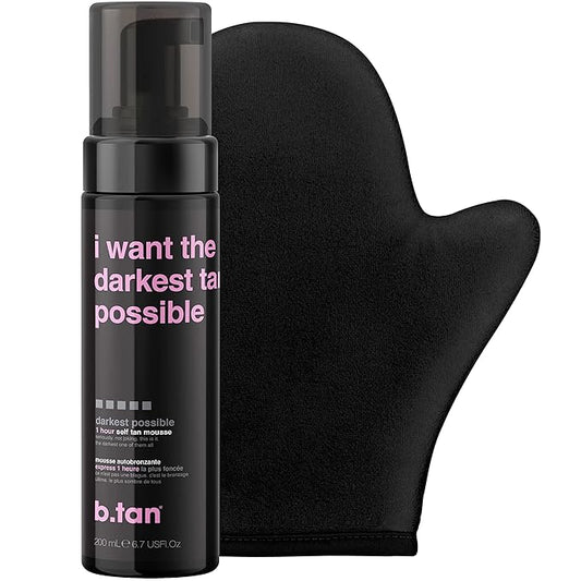 b.tan Dark Self Tanner Kit | Get The Darkest Tan Possible Bundle - Best Dark Self Tanning Mousse w Mitt Applicator, 1 Hour Sunless Tanner, Fast Bronzing Glow, No Fake Tan Smell, Vegan, 6.7 Fl Oz-BrightBean Baby