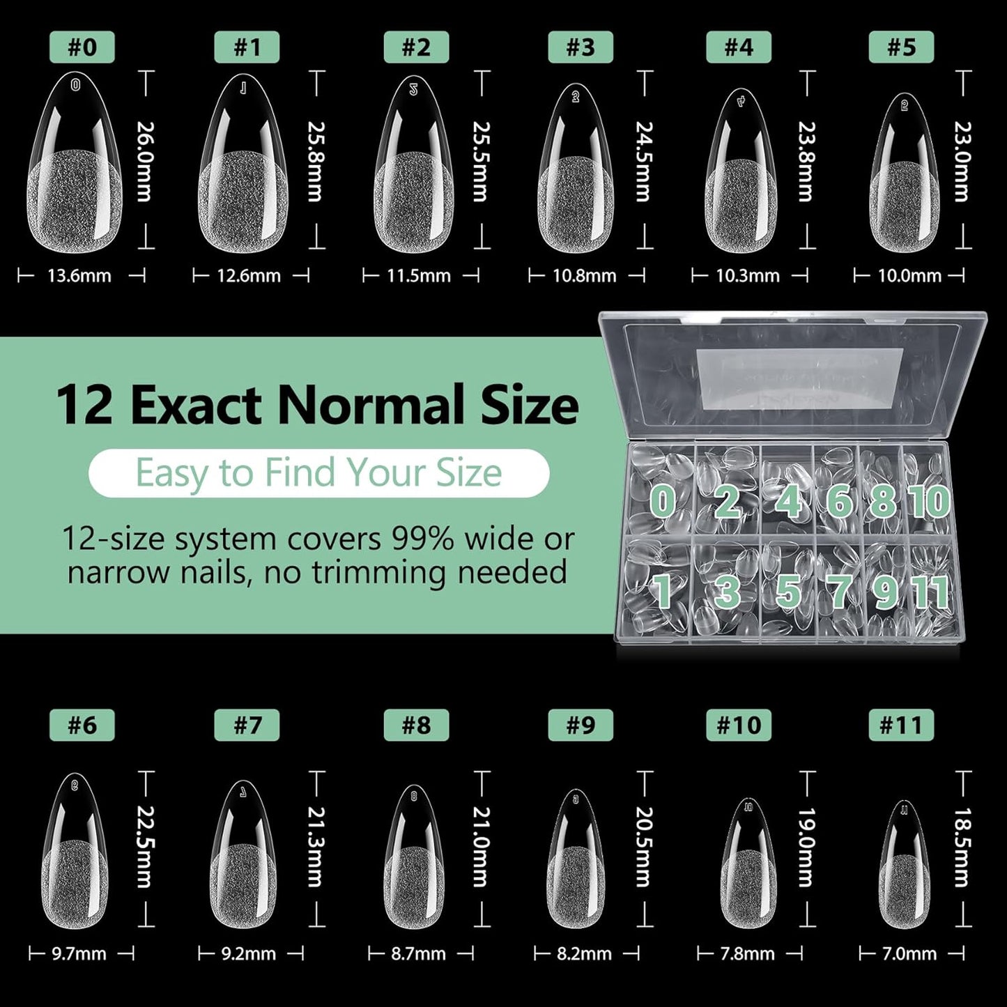 Medium Almond Nail Tips, 216pcs Acrylic Fake Nails Gel Nail Tips Soft, Full Cover Pre-Shaped Matte Clear Press on Nails for Extension, Diy at Home Manicure 12 Sizes-BrightBean Baby