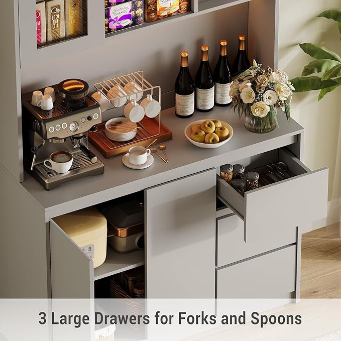 Garvee Kitchen Pantry Cabinet,71 in Tall Storage Cabinet with Doors&Shelves Adjustable, Kitchen Storage Hutch with Microwave Shelf, Led Lights&Charging Station,Corner Pantry Cabinet