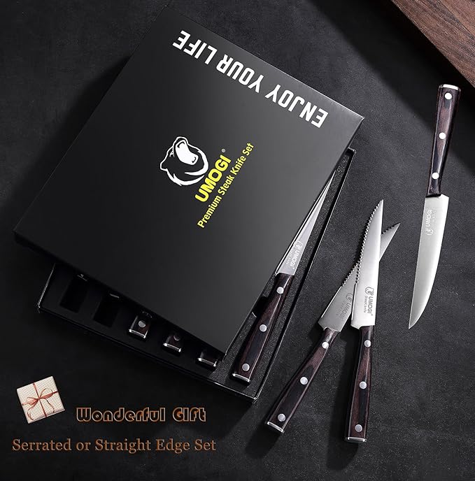 Steak Knife Set of 6 with Gift Box - Ergonomic Grip Black Wooden Handle, Highly Resistant & Durable German Stainless Steel, Serrated Edge - 4.8''Dinner Knife Set Non Straight