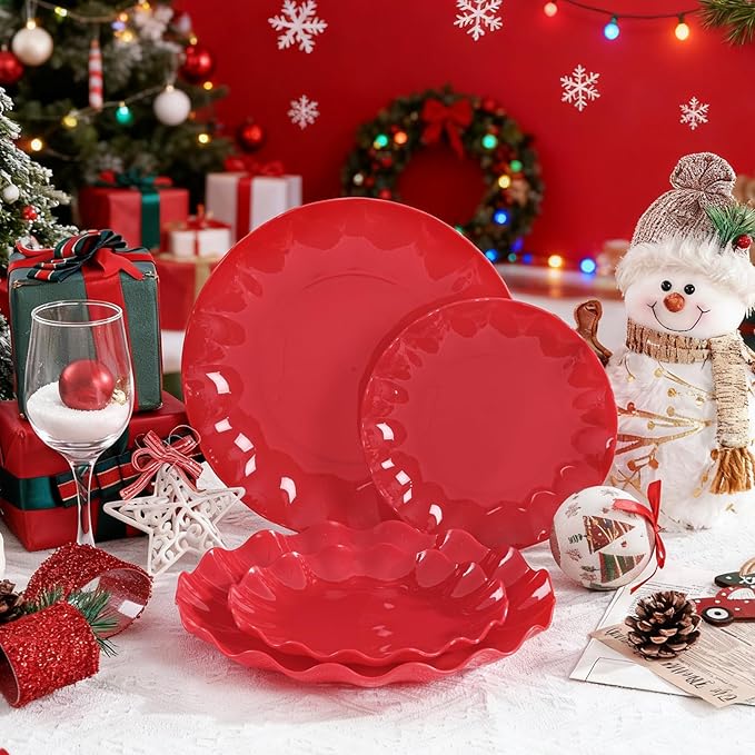 LIYH 50 Pcs Red Plastic Plates Reusable Christmas Plastic Plates Unbreakable Holiday Dinnerware Set Scalloped Plate for Christmas Day,Dishwasher Safe BPA Free (25Guests)