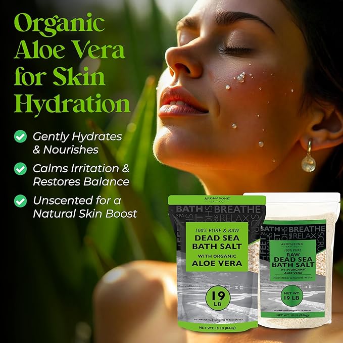 Aromasong 19 lbs RAW Dead Sea Salt with Organic Aloe Vera, not Cleaned, Still Contains All Dead sea Minerals Including Dead sea Mud, Fine Medium Grain Large resealable Bulk Pack - Packaging May Vary-BrightBean Baby