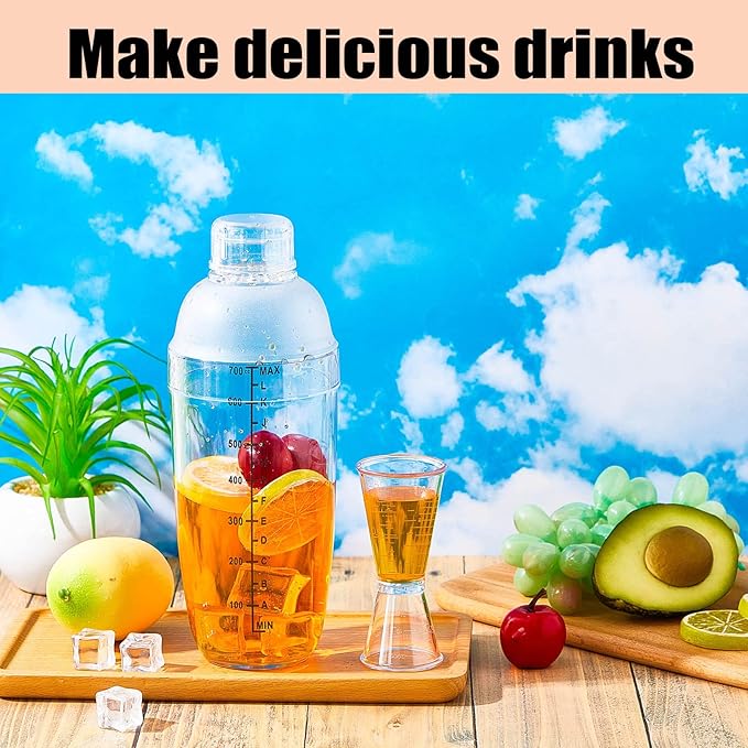 8 Pcs Plastic Cocktail Shaker Set 6 Pcs 24 oz Drink Shaker 2 Pcs Double Measuring Jigger Clear Plastic Bottle Tea Drink Mixer Cocktail Measuring Cup for Kitchen Bar Party Tools
