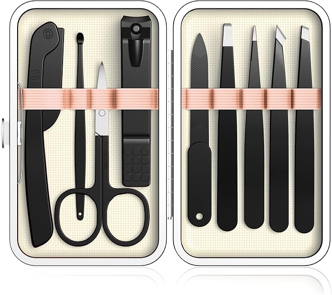 Yougai Tweezers Set,9 Pcs Professional Stainless Steel Nail Clippers and Tweezer Kit for Women and Men, Great Precision Tweezers No Gaps with Leather Travel Case-BrightBean Baby
