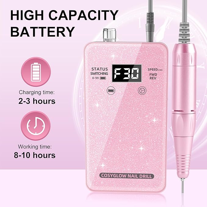 Professional Electric Nail Drill File:COSYGLOW Glitter Portable Cordless E-File Nail Drill Kit with 11 Drill Bits,30000 RPM Rechargeable Nail Drills Machine for Acrylic Nails Gel Polishing (Pink)-BrightBean Baby