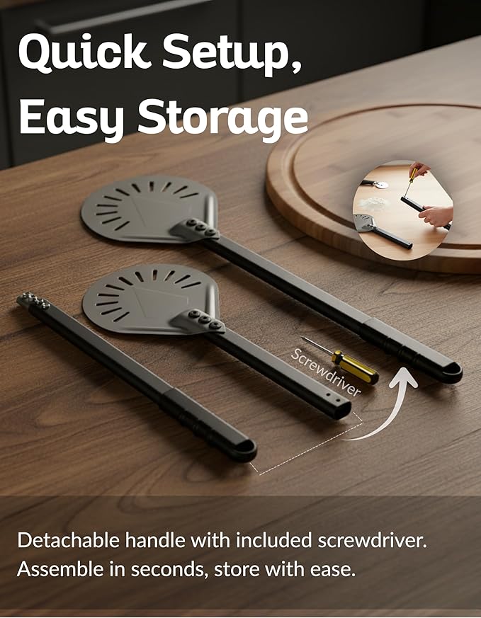 Pizza Peel Turner 7 Inch – Lightweight Aluminum Perforated Pizza Paddle with Detachable Metal Handle – Professional Pizza Oven Tool for Turning & Serving