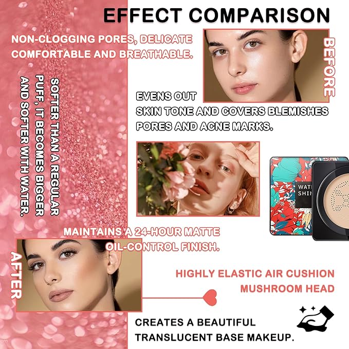 Mushroom Head Air Cushion CC Cream Full Coverage Liquid Foundation Set,Oil Control Concealer Lasting Moisturizing BB Cream,Loose Setting Face Powder Moisturizer Base Primer Makeup with Makeup Sponge-BrightBean Baby