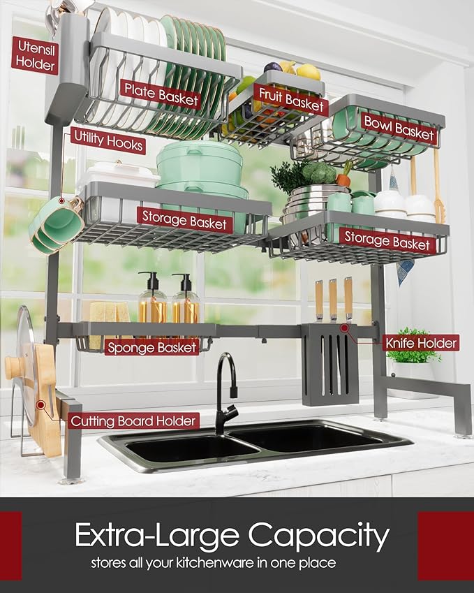 Dish Drying Rack - Over The Sink Dish Drainer Drying Rack with Utensil & Knife Holder, Hooks, Stainless Steel Kitchen Organizers and Storage Solution, 11.8" D x 31.5"~39.0''W x 30" H, Gray