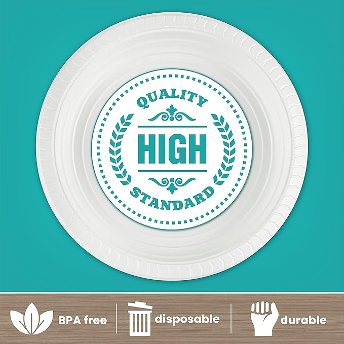PLASTICPRO Round Plastic Plates And Bowls Microwaveable, Disposable, White, Dinnerware (800, 7'' Inch Plates)