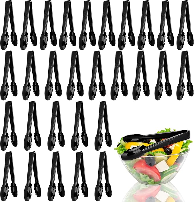 30 Pack 9 Inch Black Plastic Serving Tongs Durable Disposable Scalloped Buffet Food Tongs for Buffet Salad BBQ Catering Parties and Events