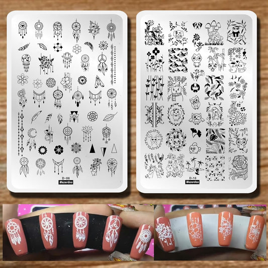 2pcs Mix Nail Art Stamp Template Dreamcatcher Feather Pendant Image Nail Stamping Plates Cute Animals Cartoon DIY Designs Manicure Stamper Plate Stencils-BrightBean Baby