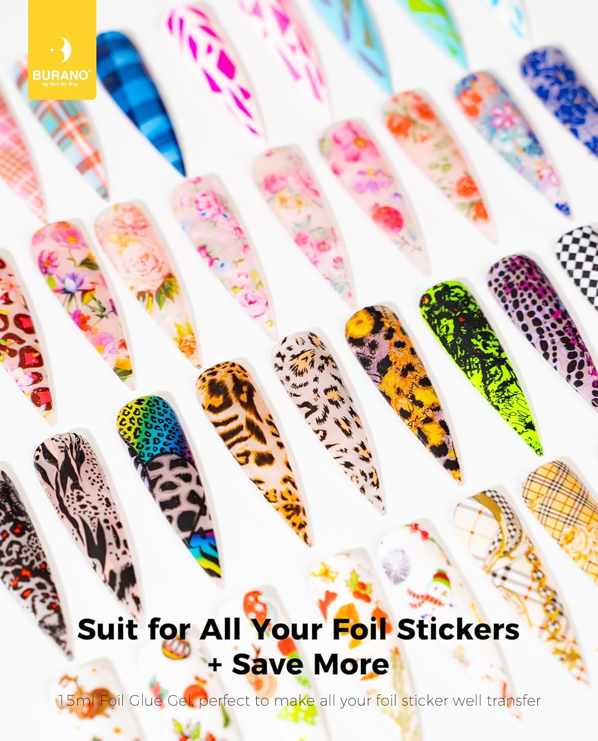 BURANO Nail Art Nail Foil Glue Gel, o.5 oz with 10PCS Foil Stickers Set Nail Foil Glue for Nails Foil Transfer Gel, Nail Design Home DIY UV LED Lamp Required (Marble Glitter) 22-BrightBean Baby