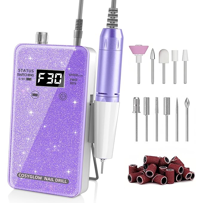 Professional Electric Nail Drill File:COSYGLOW Glitter Portable Cordless E-File Nail Drill Kit with 11 Drill Bits,30000 RPM Rechargeable Nail Drills Machine for Acrylic Nails Gel Polishing(Purple)-BrightBean Baby