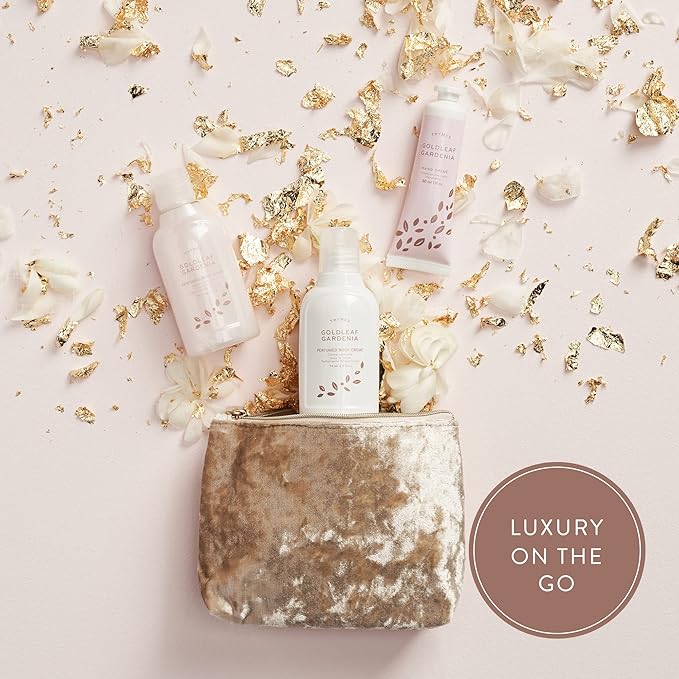 Thymes Perfumed Travel Set and Beauty Bag - Contains Body Wash, Body Lotion & Hand Cream - Goldleaf Gardenia-BrightBean Baby