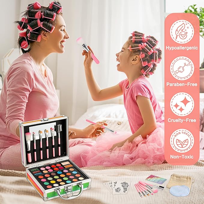 Anpro All-In-One Makeup Carry Case with Pro Teen Makeup Set, Full Starter Cosmetics Kit with Makeup Brushes, Eye Shadows Palette, Blushes, Glitter Gel, Temporary Tattoo Stickers-BrightBean Baby