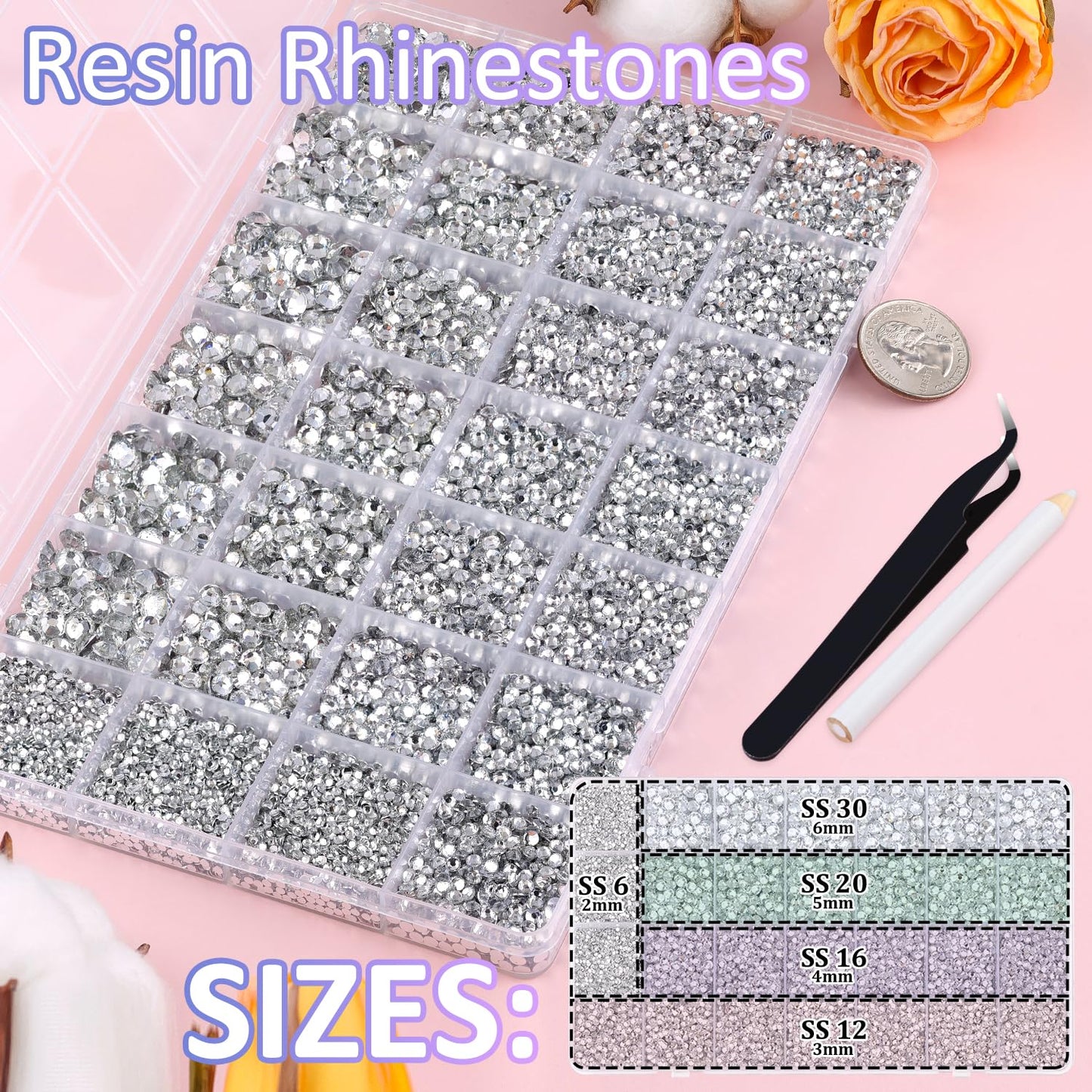 30000Pcs Resin Rhinestones for Bedazzling with Tweezers, Clear Rhinestones for Crafting with B7000 Jewelry Glue for DIY Crafts Clothing Tumblers Shoes Fabric Nail Art-BrightBean Baby