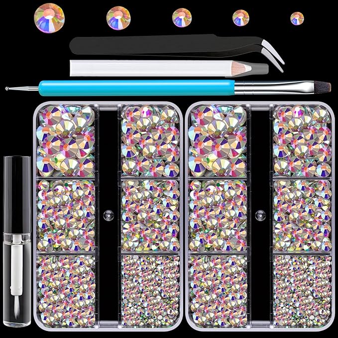 Colorful Face Gems for Makeup Set, Flatback Gorgeous Charming AB Glass Gem with Makeup Glue+Picker Pencil+Tweezer+Dual-End Dotting Tool for Eye Body Hair Make-up and Nail Art Deco-BrightBean Baby