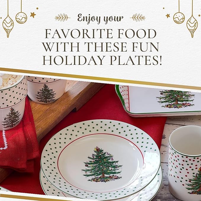 Spode Christmas Tree Polka Dot Dessert Plate (Set of 4) - Festive 8-Inch Stoneware Plates for Holiday Entertaining, Appetizers, Snacks - Microwave, Dishwasher, Freezer Safe Party Appetizer Dishes