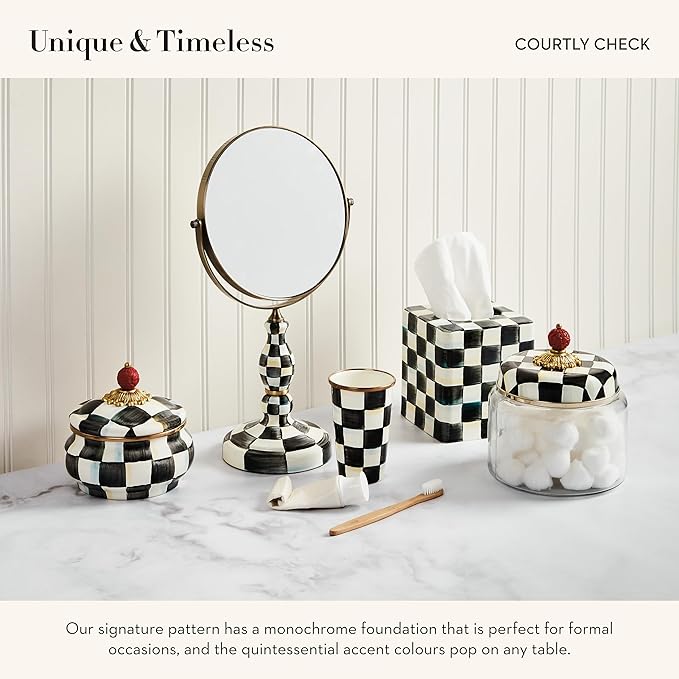 MACKENZIE-CHILDS Enamel Squashed Pot, Cute Enameled Container with Lid, 20 Ounces, Black-and-White Courtly Check