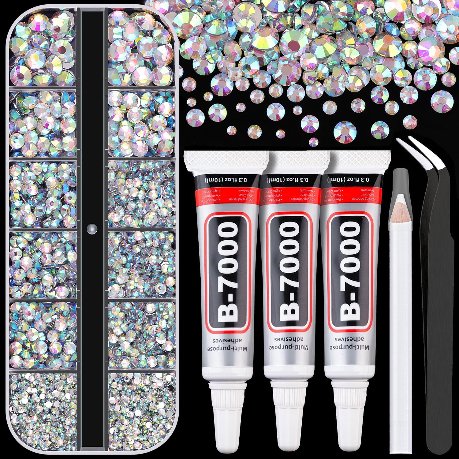 Resin Rhinestones for Crafting with B7000 Jewelry Glue, 1 Box AB Flatback Crystals with 3Pcs 10ml Glue for Bedazzling Crafts DIY Nail Art Makeup，Non Hotfix Gems for Clothing Shoes-BrightBean Baby