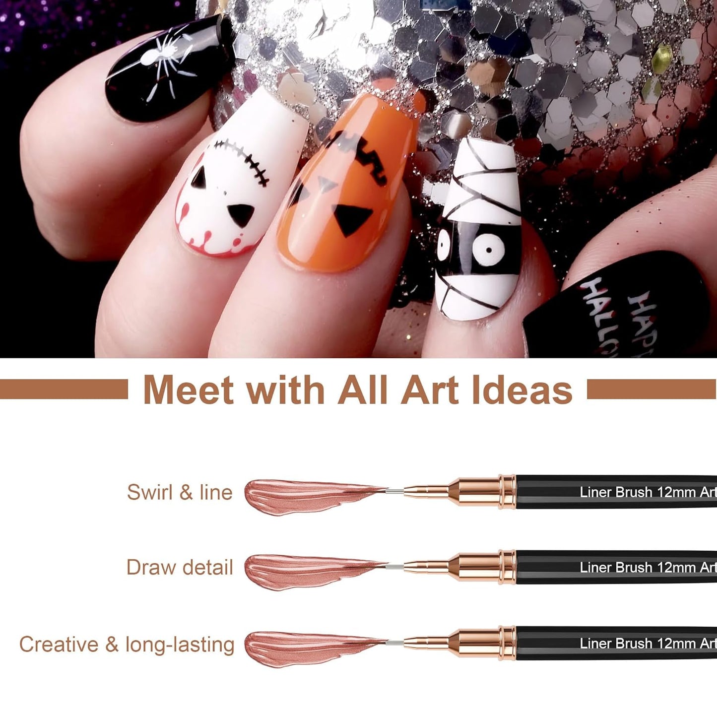 Artdone Metallic Nail Art Pens, Liner Brushes Set, 5PCS Black Color Nail Tools For Long Lines, Thin Details, Fine Drawing, Liner Brush UV Gel Polish Painting Nail Design Sizes 5/8/12/20/25mm-BrightBean Baby