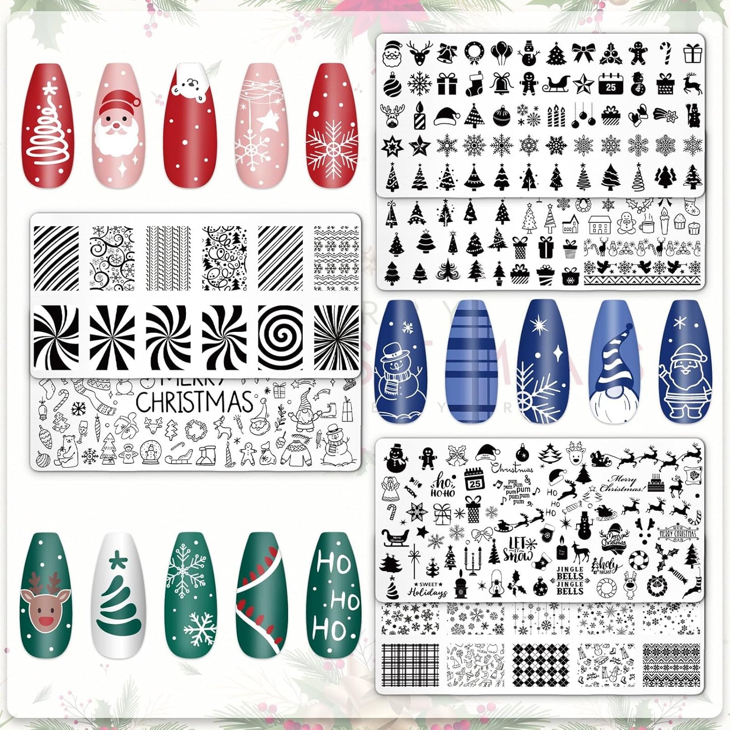 Whaline 6Pcs Christmas Nail Plates Stamping Set Xmas Tree Snowflake Snowman Stamp Templates Nail Art Plates for Winter DIY Print Manicure Salon Design Gift-BrightBean Baby