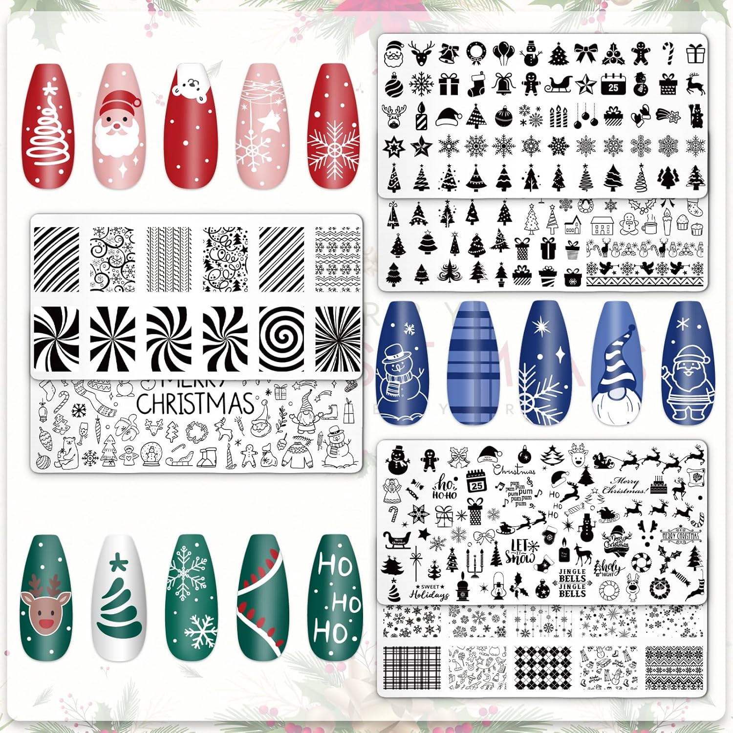 Whaline 6Pcs Christmas Nail Plates Stamping Set Xmas Tree Snowflake Snowman Stamp Templates Nail Art Plates for Winter DIY Print Manicure Salon Design Gift-BrightBean Baby