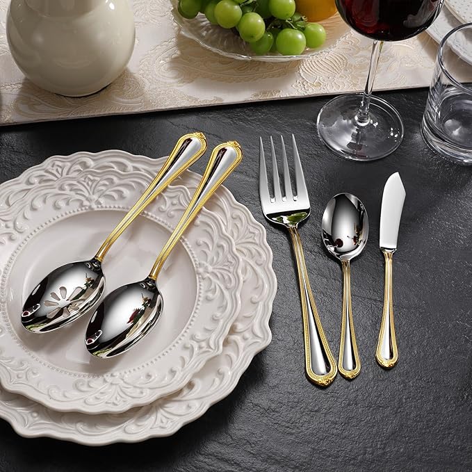 KEAWELL Pearl Edge 4-Piece Premium Spoon Set, 18/10 Stainless Steel, Fine Silverware Spoons with Refined Bead Design, Brightly Polished, Dishwasher Safe (Gold Accent, 9" Serving Spoons)