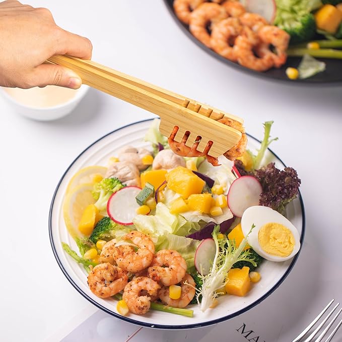 2-Pack Bamboo Kitchen Tongs for Cooking – 8.7-Inch Wooden Food Tongs with Wide Grooved Tips, Flip Design for Nonstick Cookware, Salad, BBQ, and Grilling