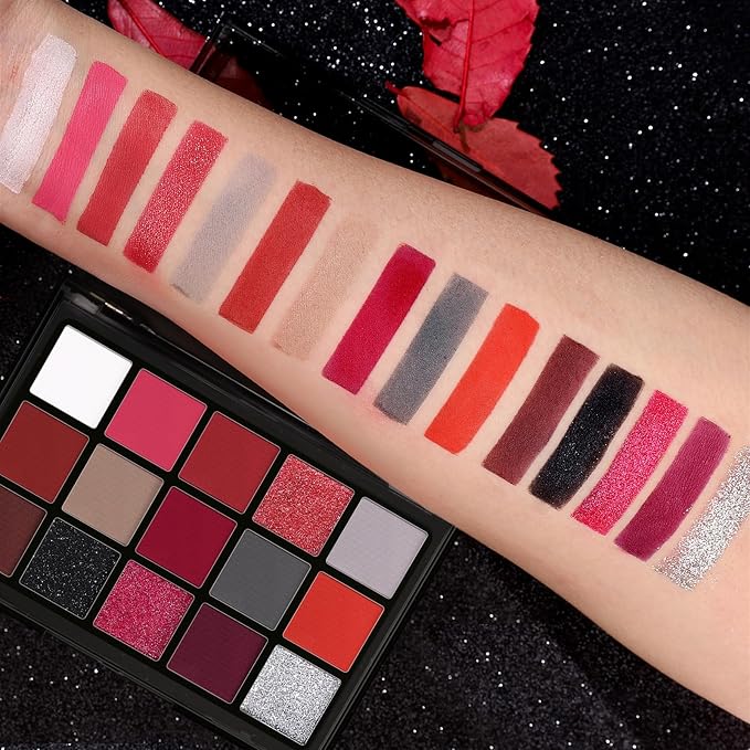 UCANBE Red Eyeshadow Makeup Palette, 15 Colors Burgunry Gray Silver Shimmer Matte Glitter Metallic Eye Shadow Pallet, Pigmented Make Up Kit for Halloween Parties Christmas Joker Vampire Clown-BrightBean Baby