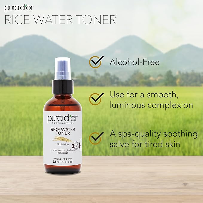 PURA D'OR 3.3 Oz Rice Water Facial Toner - Hydrating, Balancing & Soothing Formula with Natural Extracts - Skin Texture Support for Radiant Skin - Alcohol-Free - Travel Size-BrightBean Baby
