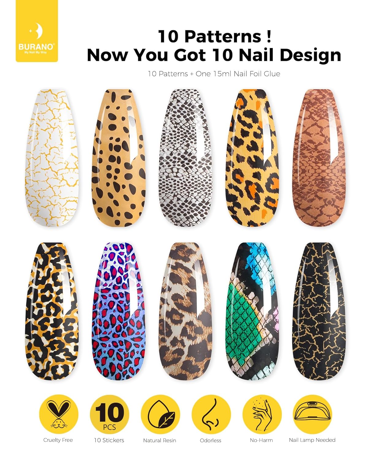 BURANO Nail Art Nail Foil Glue Gel, o.5 oz with 10PCS Foil Stickers Set Nail Foil Glue for Nails Foil Transfer Gel, Nail Design DIY UV LED Lamp Required (Animal Foil 06)-BrightBean Baby