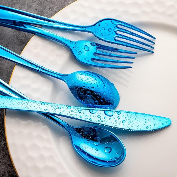 Supernal 240pcs Blue Plastic Silverware,Party Disposable Utensils,Plastic Silverware Heavy Duty Include 80 Forks,80 Knvies,80 Spoons,Premium Disposable Cutlery Shine Blue for Birthday,Party