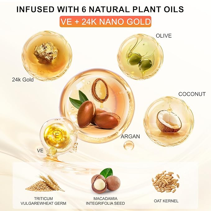 24K Gold Hair Oil, Repair Shine Serum with Coconut, Argan & Olive Oils - Heat Protectant and Frizz Control - Vegan, Lightweight Leave-In Treatment for Dry Damaged Hair (2.02 Fl Oz (Pack of 1))-BrightBean Baby
