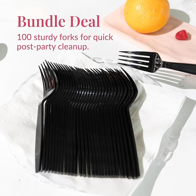 Prestee 100 Black Plastic Forks Heavy-Duty, Heavyweight Plastic Silverware Forks, Fancy Cutlery, Elegant Disposable Forks Pack, Bulk Disposable Flatware, Christmas Holiday Plastic Utensils Set