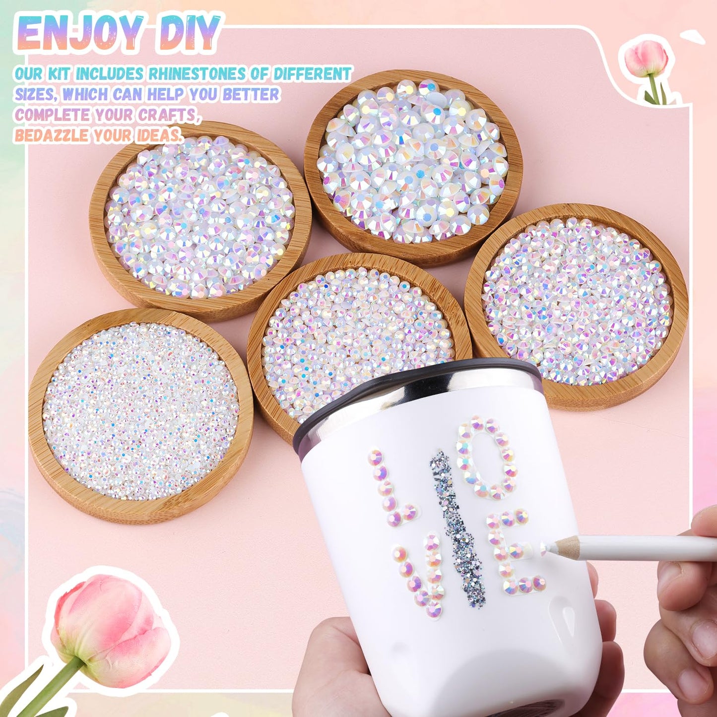 25000Pcs Resin Rhinestones with B7000 Jewelry Glue for Crafting, White AB 2-6mm Non Hotfix Flatback Gems, Bedazzling Crystal for DIY Crafts Clothing Tumblers Mugs Shoes Fabric Decor Nail Art-BrightBean Baby